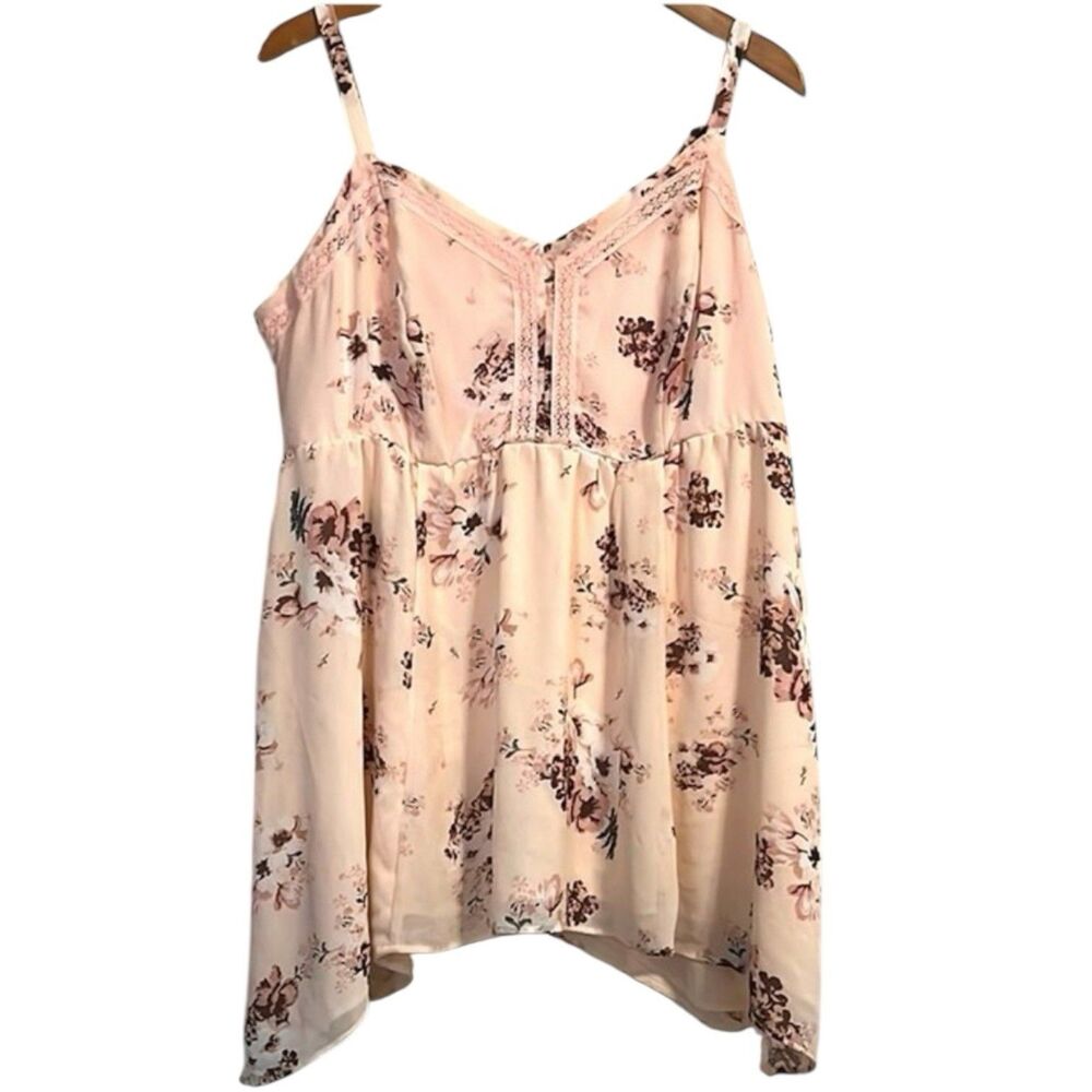 Floral Babydoll Tank Top Plus Size 2X Lace Trim Smocked Cottagecore Romantic